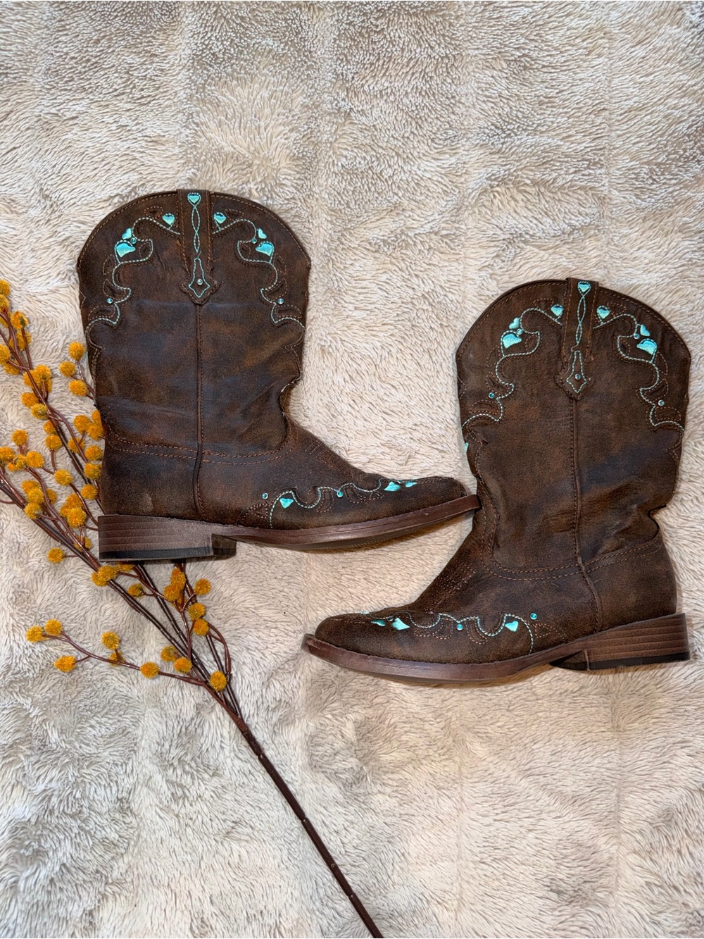 Roper Brown Kids Western Boots with Turquoise Stitching